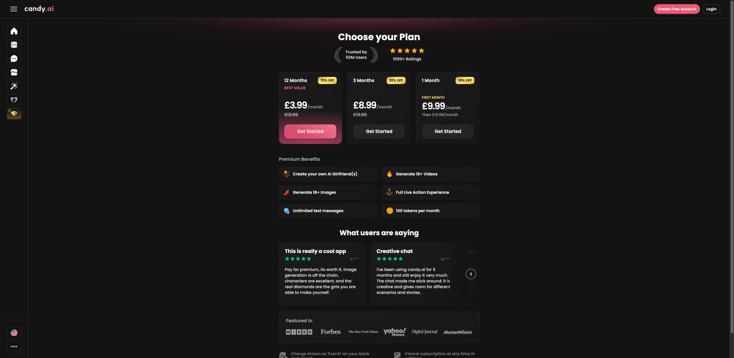 Candy AI subscription plan comparison displaying UK prices in pounds