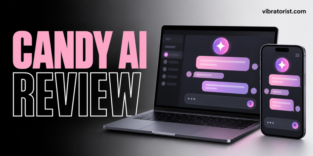 Candy AI Review featured image with pink lettering, a laptop and phone illustrating AI chat