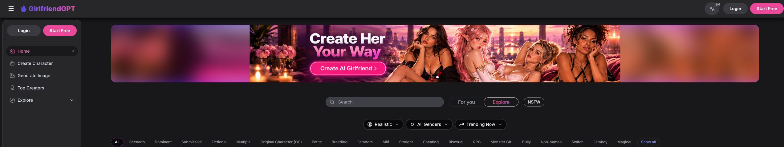 GirlfriendGPT homepage navigation and browsing interface