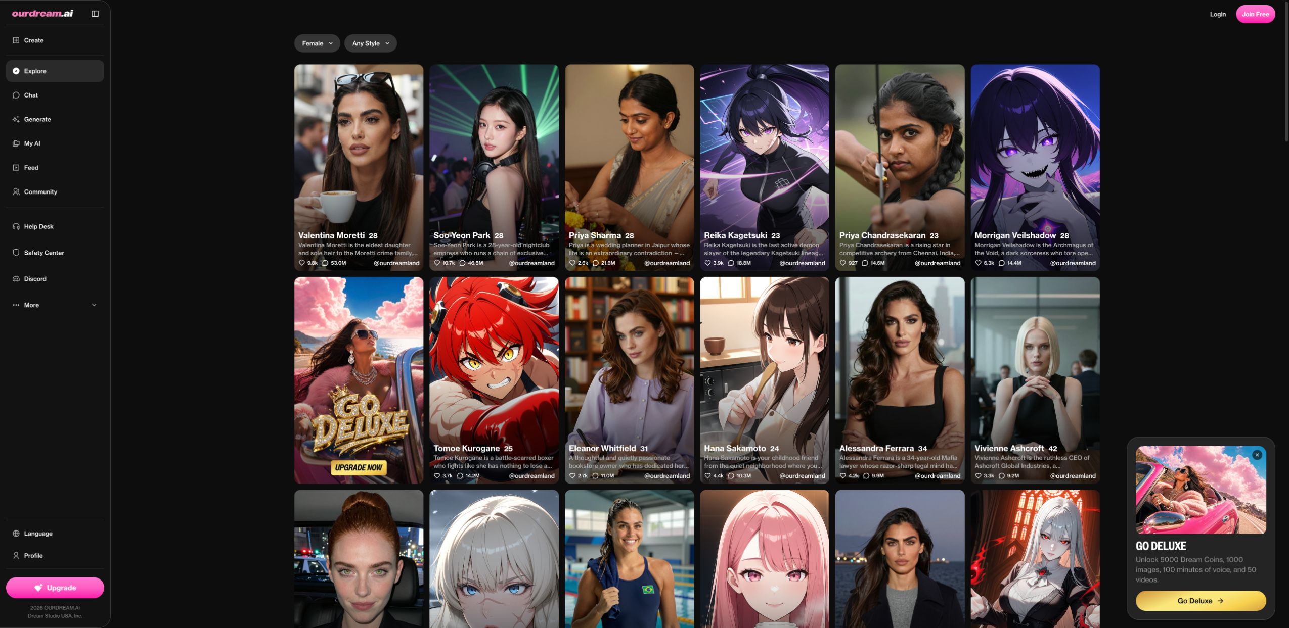 OurDream AI homepage showing character browsing and navigation