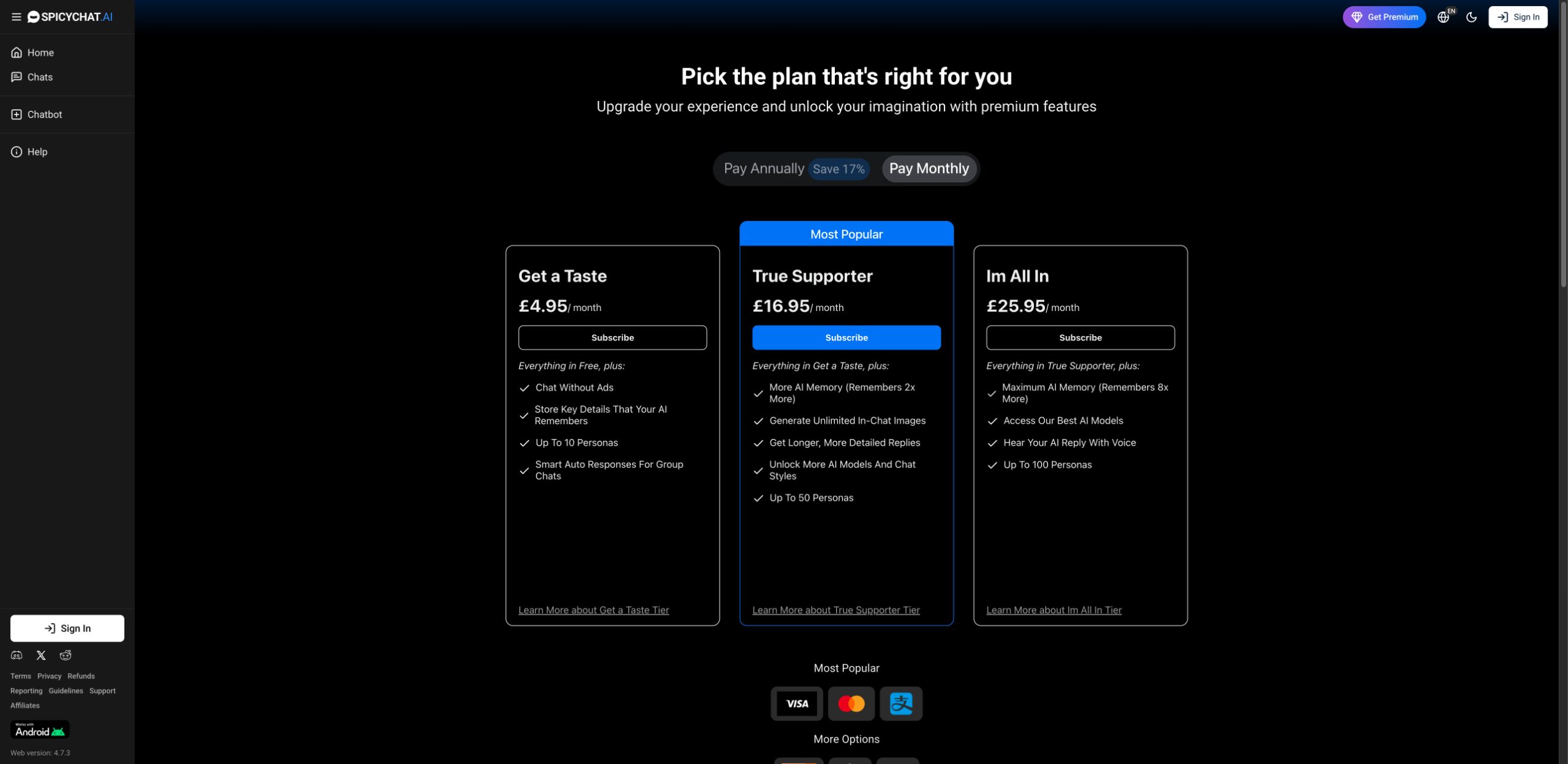 SpicyChat subscription plans displaying UK monthly prices in pounds